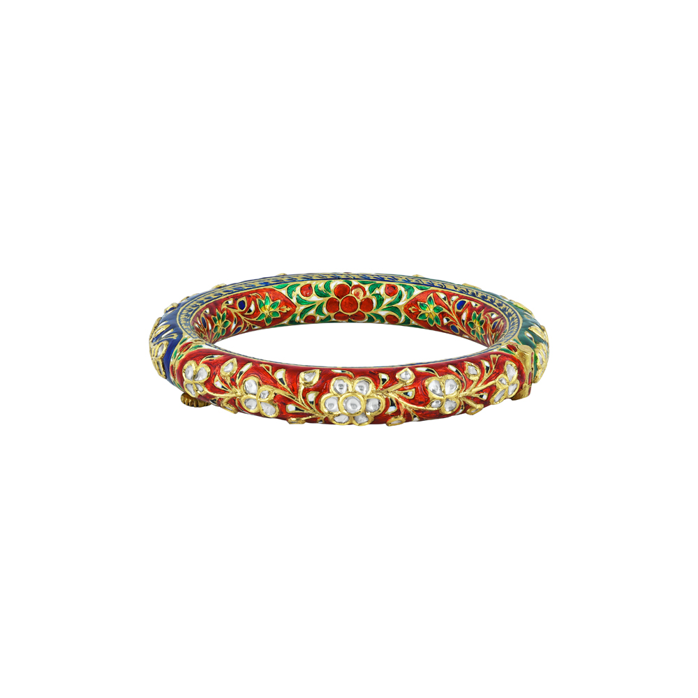 Multicolour Enamel Bangle with Polki and Floral Motifs